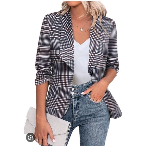Blazer Jackets & Blazers - Beyove XXL Plaid Blazer Ruched 3/4 Sleeve Check Jacket Dark Academia Office NWT